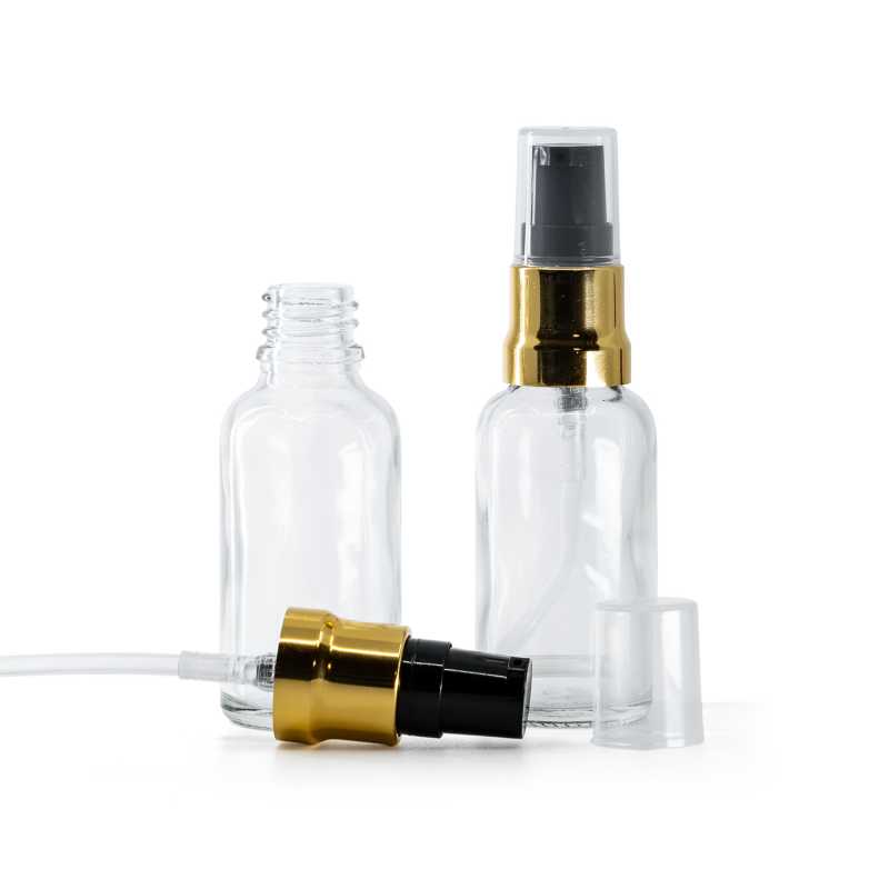 Clear Glass Bottle, Glossy Gold Black Pump With Clear Overcap, 30 ml
