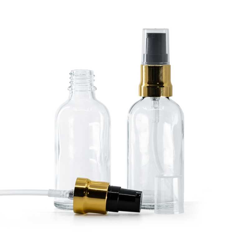 Clear Glass Bottle, Glossy Gold Black Pump With Clear Overcap, 50 ml