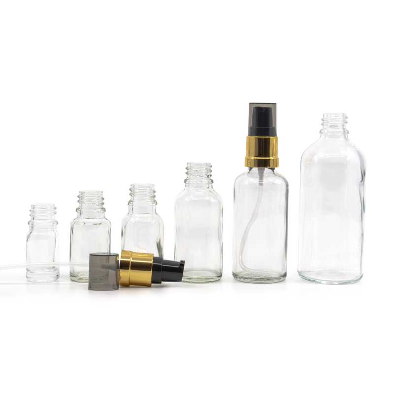 The glass bottle, the so-called vial, is made of thick transparent glass. It is used for storing liquids.Volume: 30 ml, total volume 35 mlBottle height: 78,8 mm