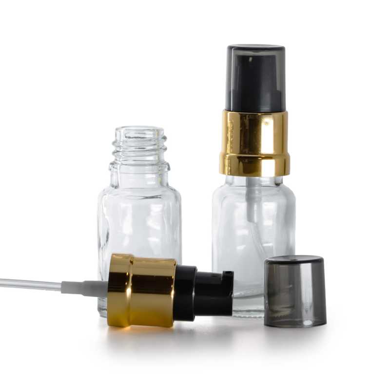 Clear Glass Bottle, Glossy Golden Black Pump with Smoky Overcap, 10 ml