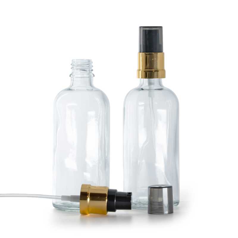 Clear Glass Bottle, Glossy Golden Black Pump with Smoky Overcap, 100 ml