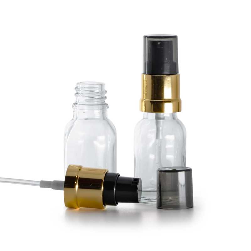 Clear Glass Bottle, Glossy Golden Black Pump with Smoky Overcap, 15 ml
