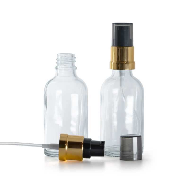 Clear Glass Bottle, Glossy Golden Black Pump with Smoky Overcap, 30 ml