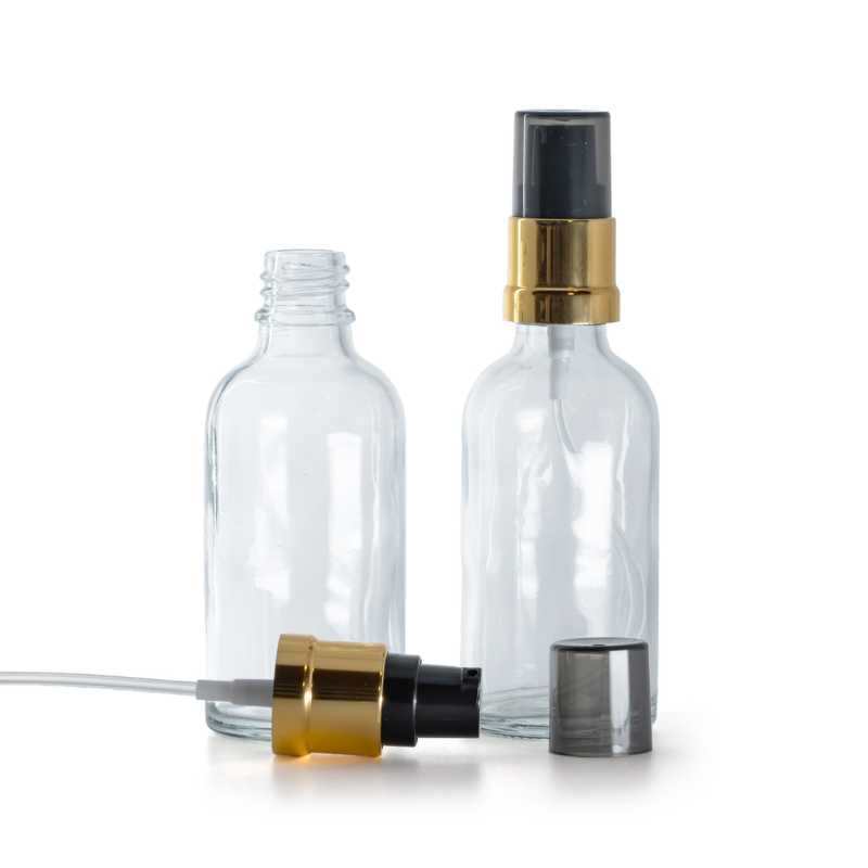 Clear Glass Bottle, Glossy Golden Black Pump with Smoky Overcap, 50 ml