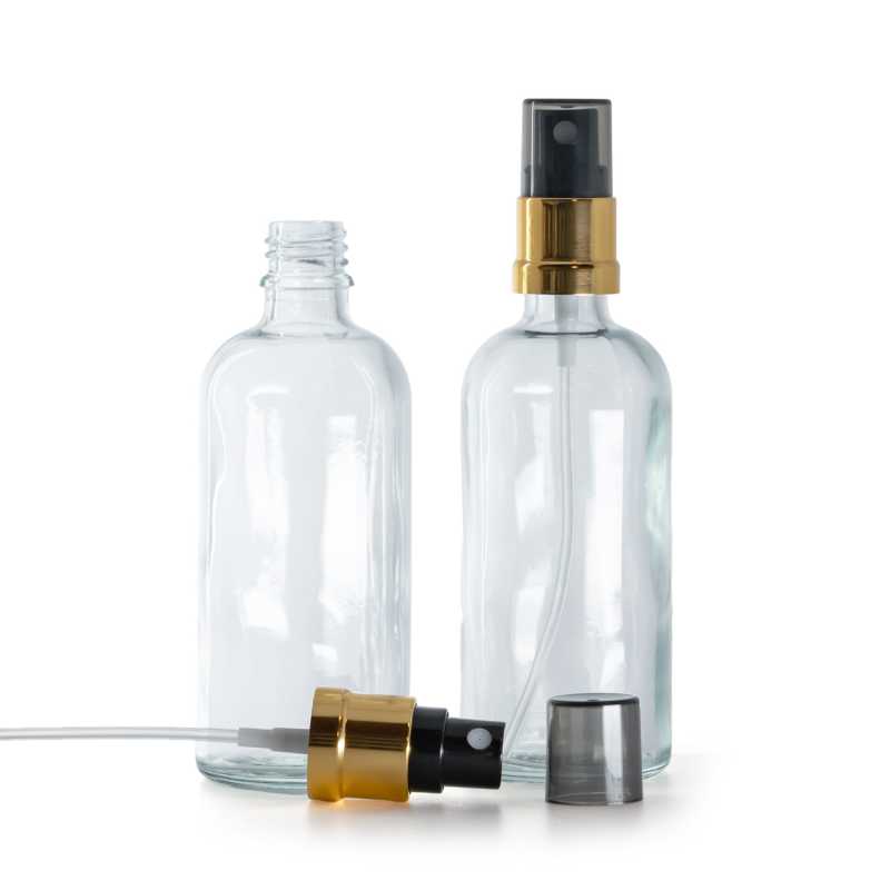 Clear Glass Bottle, Glossy Gold Black Spray, Smokey Overcap, 100 ml