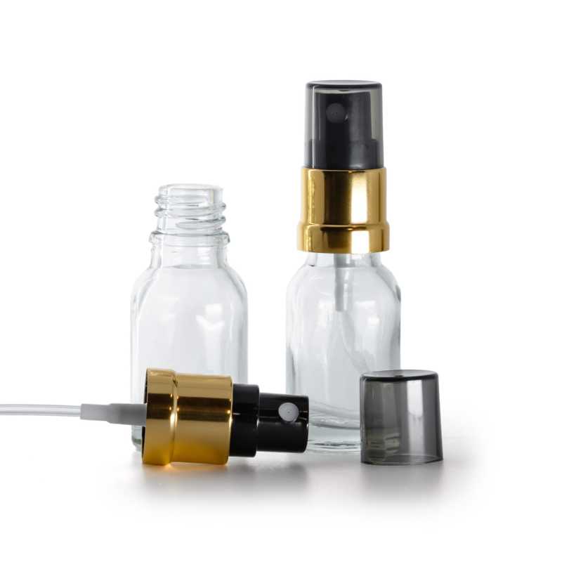 Clear Glass Bottle, Glossy Gold Black Spray, Smoky Overcap, 15 ml