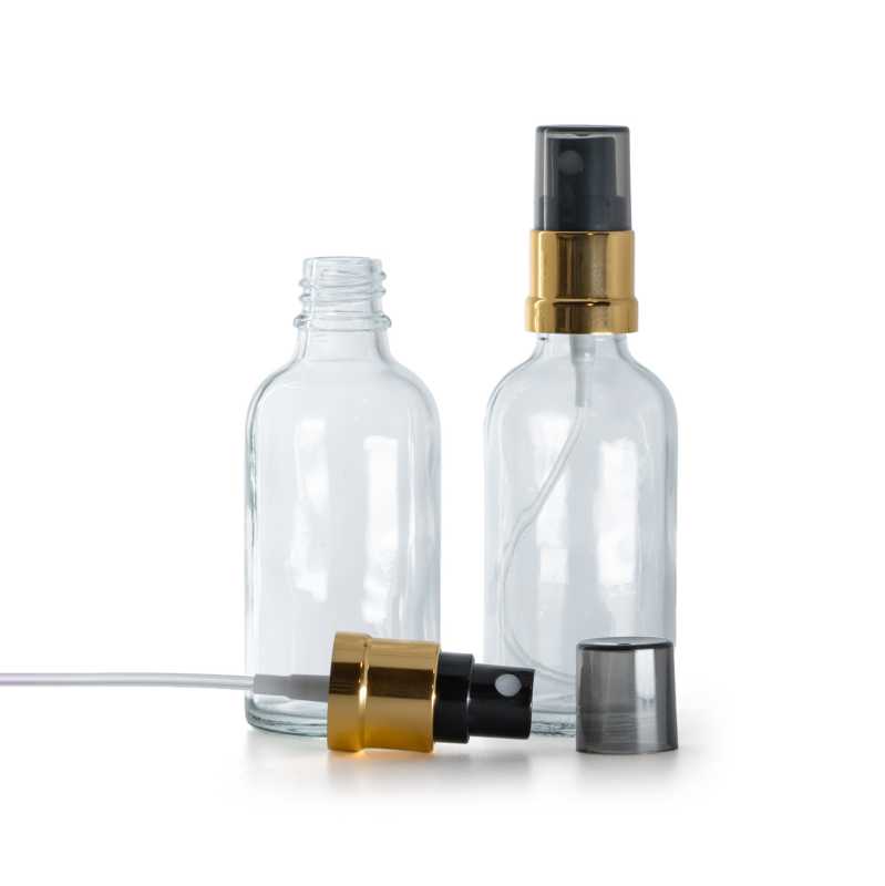 Clear Glass Bottle, Glossy Gold Black Spray, Smoky Overcap, 30 ml