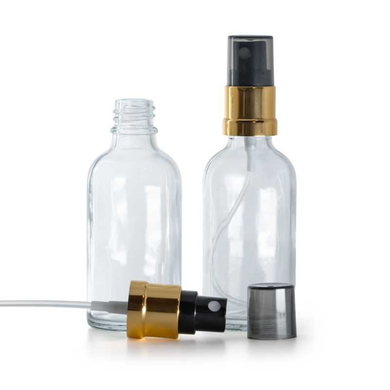 Clear Glass Bottle, Glossy Gold Black Spray, Smoky Overcap, 50 ml