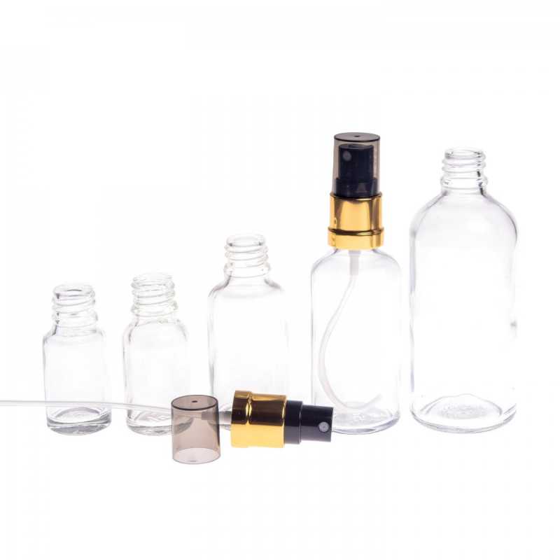 Clear Glass Bottle, Glossy Gold Black Spray, Smokey Overcap, 50 ml