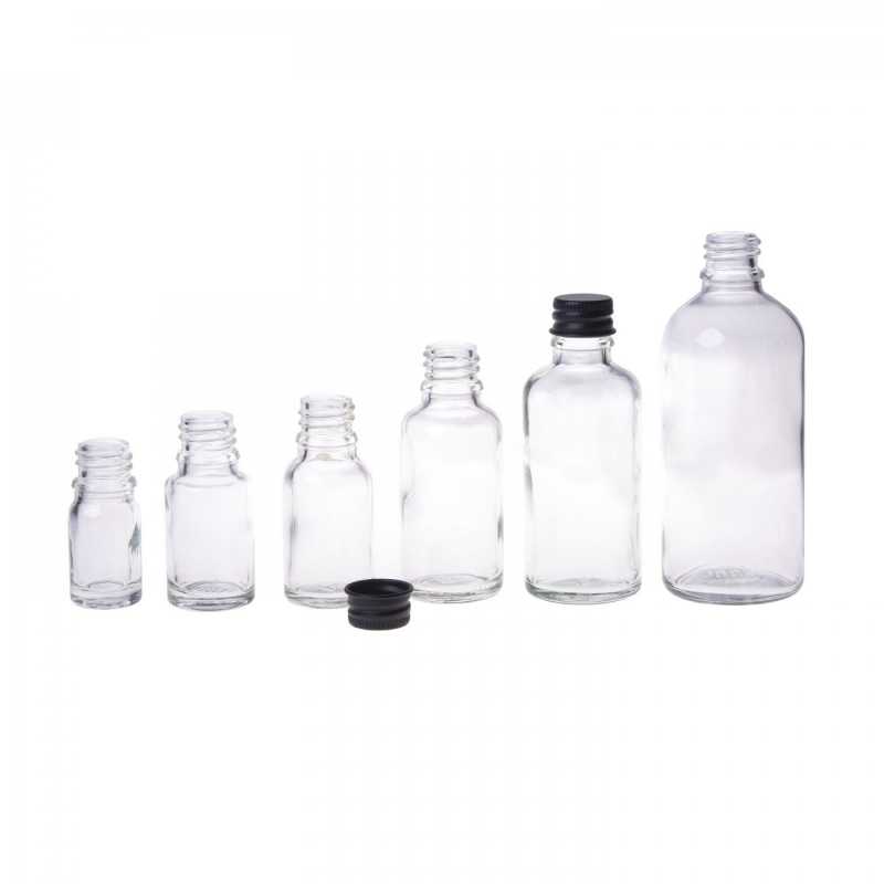 The glass bottle, the so-called vial, is made of thick transparent glass. It is used for storing liquids.Volume: 10 ml, total volume 15 mlHeight of bottle: 59,5