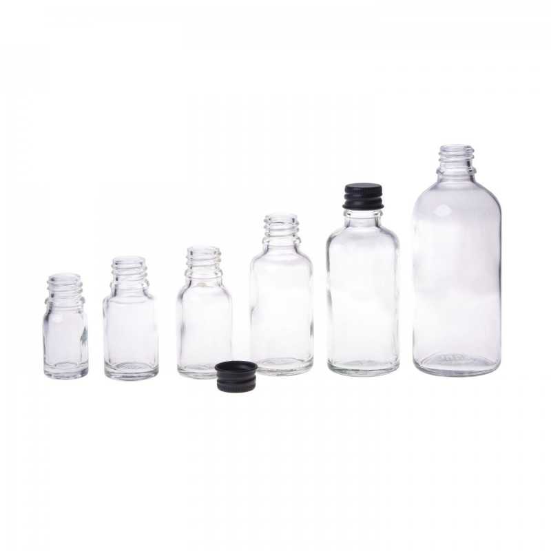 Clear Glass Bottle, Black Aluminium Cap, 10 ml