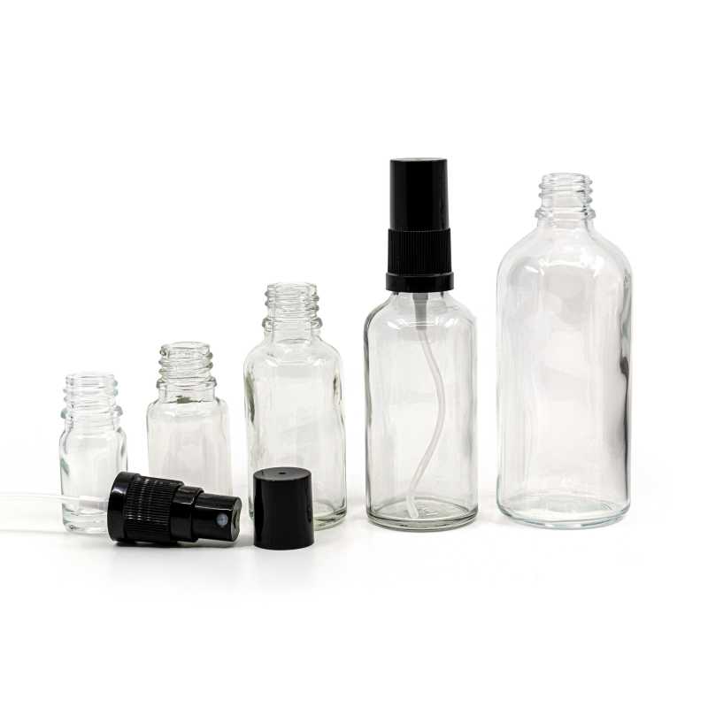Clear Glass Bottle, Black Fine Mist Sprayer, Black Overcap, 15 ml