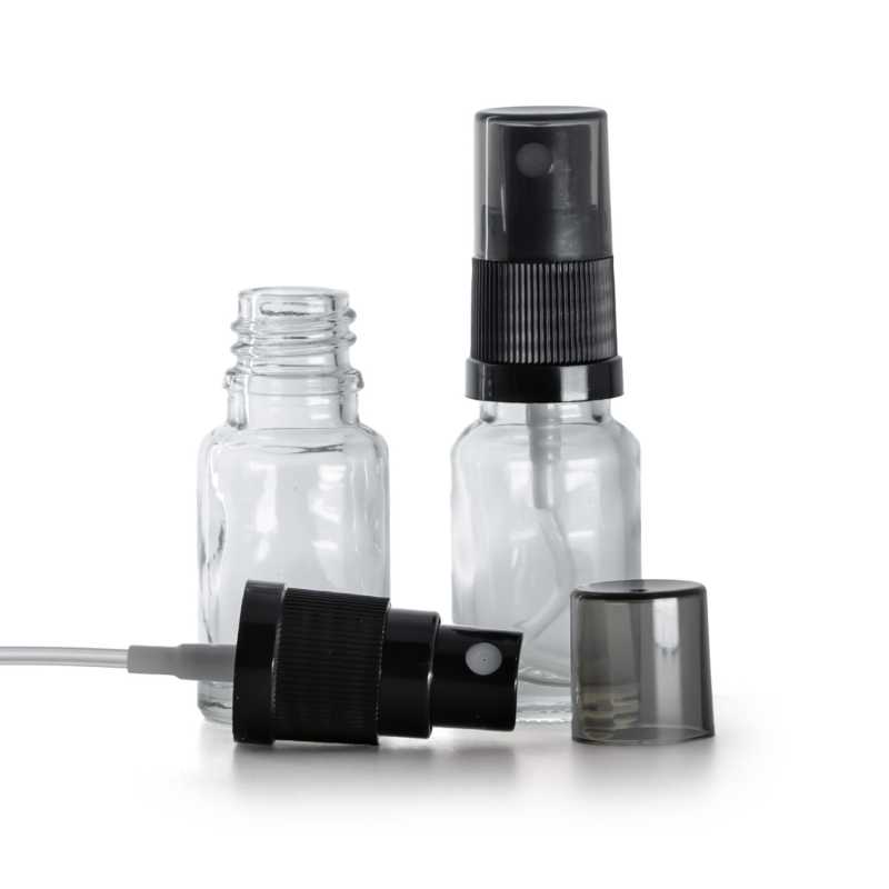 Clear Glass Bottle, Black Fine Mist Sprayer, Smoky Overcap, 10 ml
