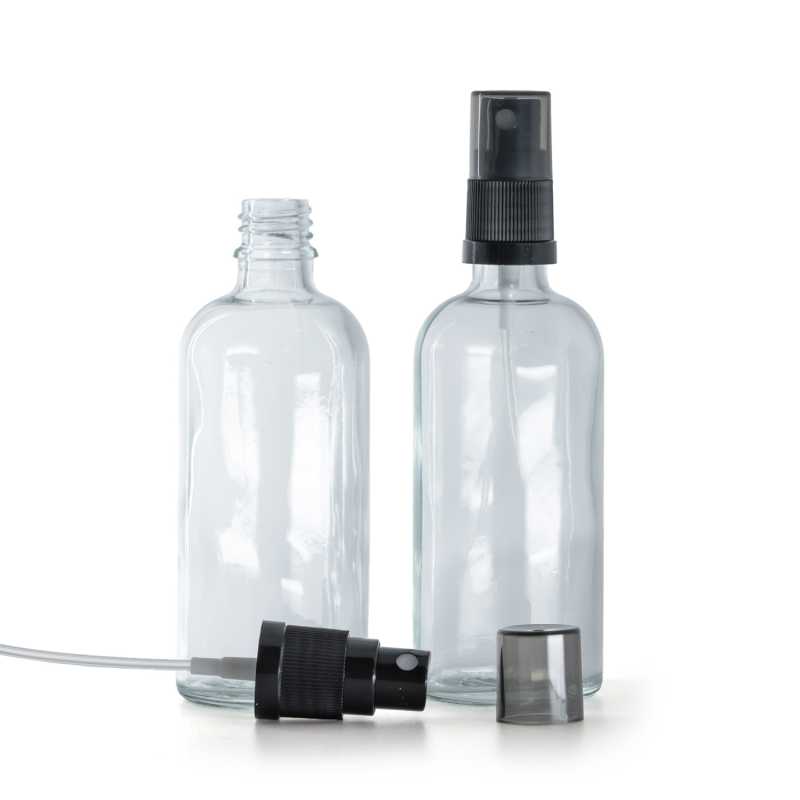 Clear Glass Bottle, Black Fine Mist Sprayer, Smoky Overcap, 100 ml