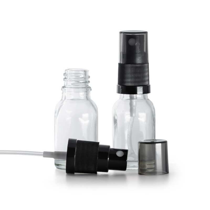 Clear Glass Bottle, Black Fine Mist Sprayer, Smoky Overcap, 15 ml