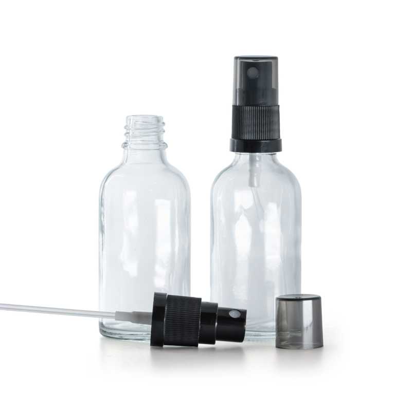 Clear Glass Bottle, Black Fine Mist Sprayer, Smoky Overcap, 30 ml