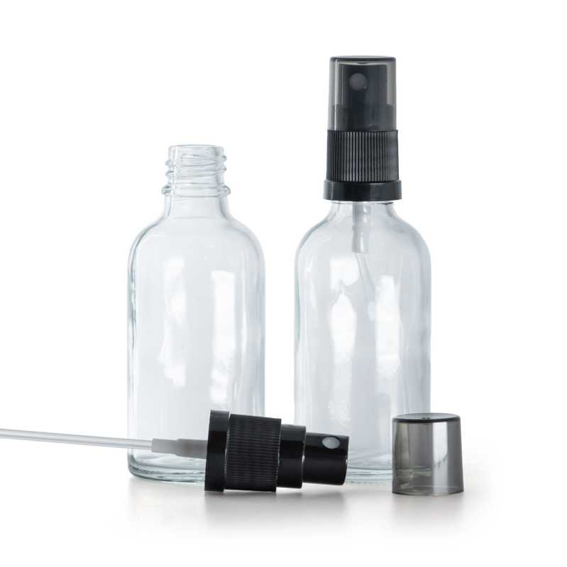 Clear Glass Bottle, Black Fine Mist Sprayer, Smoky Overcap, 50 ml