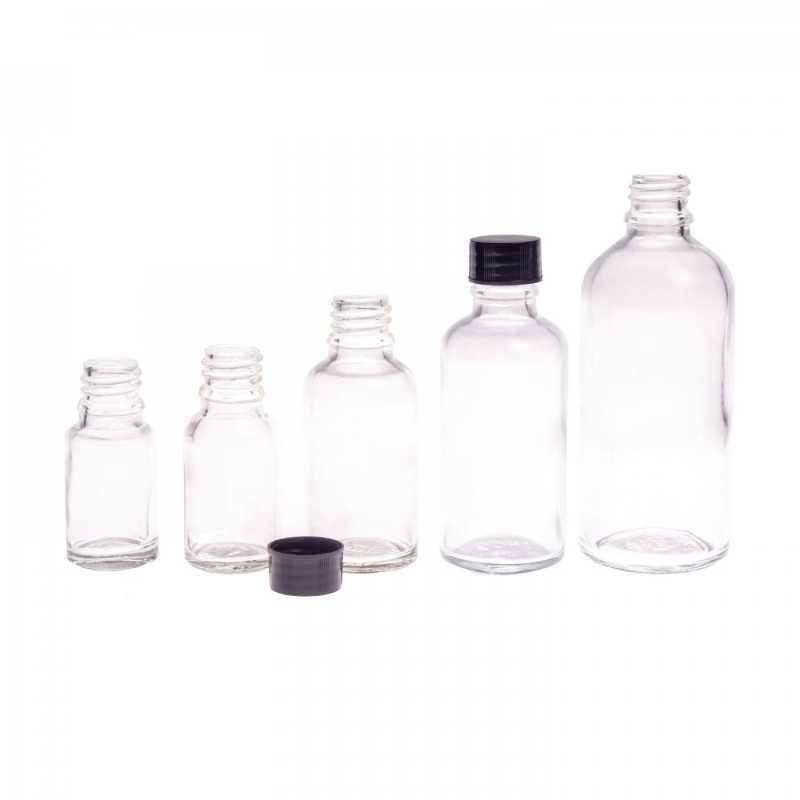 Clear Glass Bottle, Black Cap, 10 ml