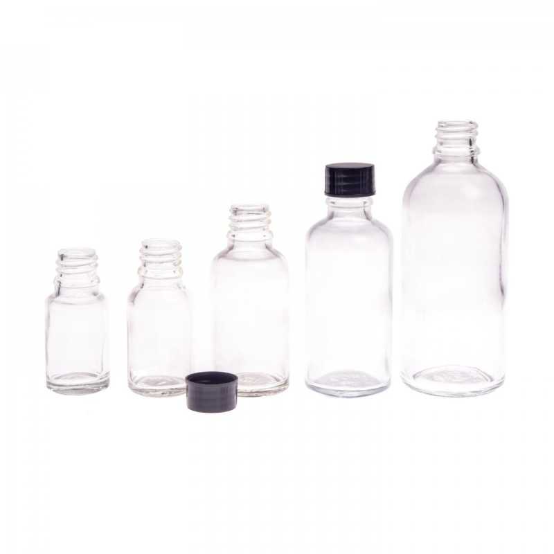 The glass bottle, the so-called vial, is made of thick transparent glass. It is used for storing liquids.Volume: 10 ml, total volume 15 mlHeight of bottle: 59,5