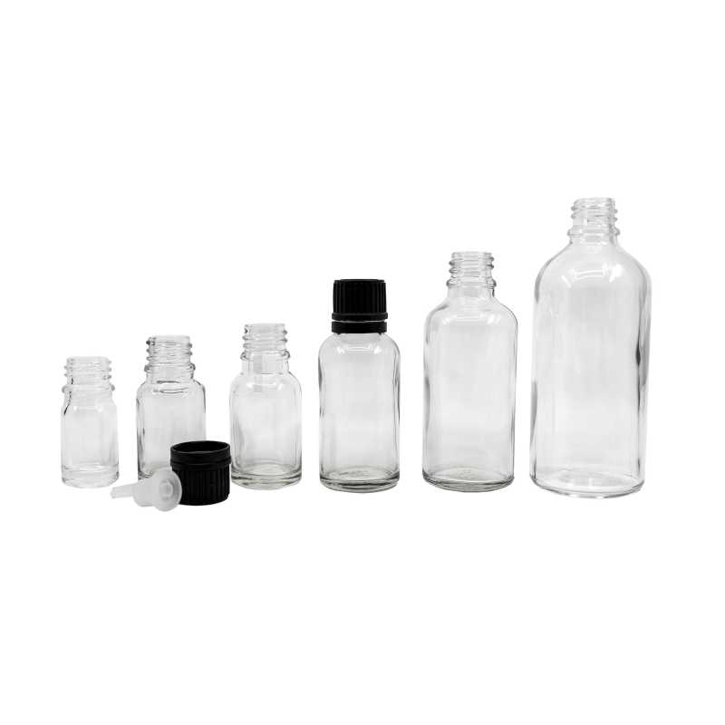 The glass bottle, the so-called vial, is made of thick transparent glass. It is used for storing liquids.Volume: 10 ml, total volume 15 mlHeight of bottle: 59,5