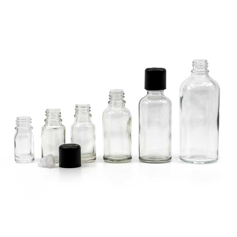 Clear Glass Bottle, Black Tamper Evident Safety Cap & Dropper 15 ml