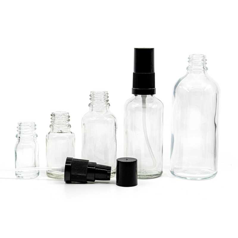 Clear Glass Bottle, Black Lotion Pump with Black Overcap, 50 ml