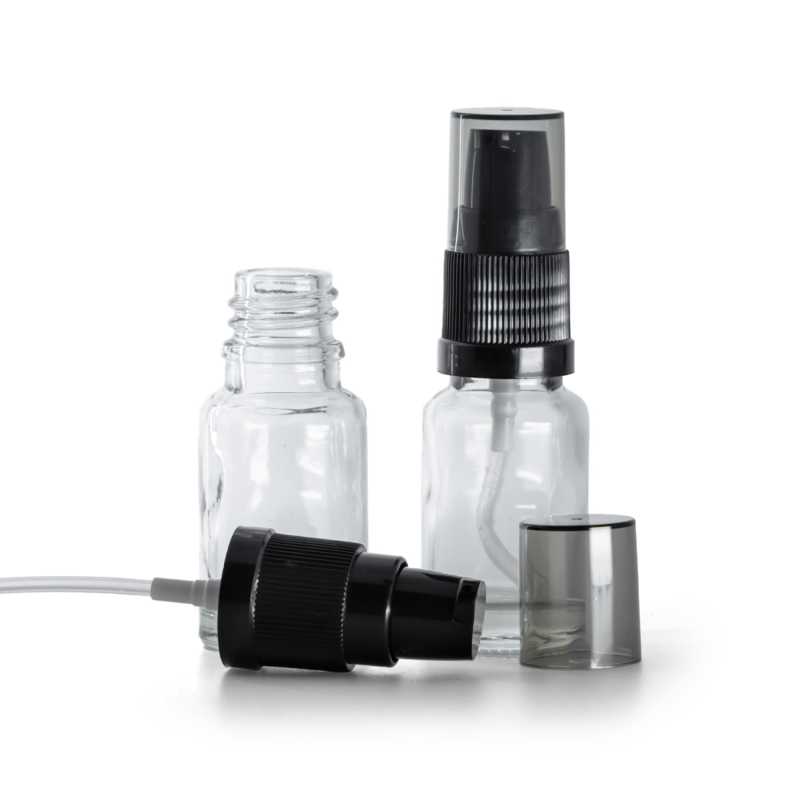 Clear Glass Bottle, Black Lotion Pump with Smoky Overcap, 10 ml