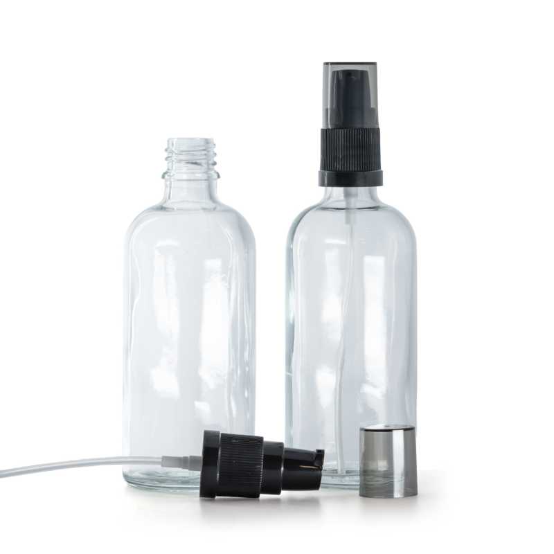 Clear Glass Bottle, Black Lotion Pump with Smoky Overcap, 100 ml