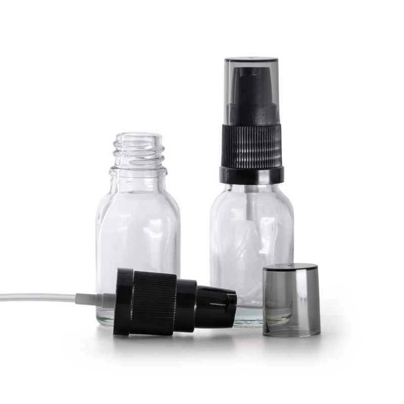Clear Glass Bottle, Black Lotion Pump with Smoky Overcap, 15 ml