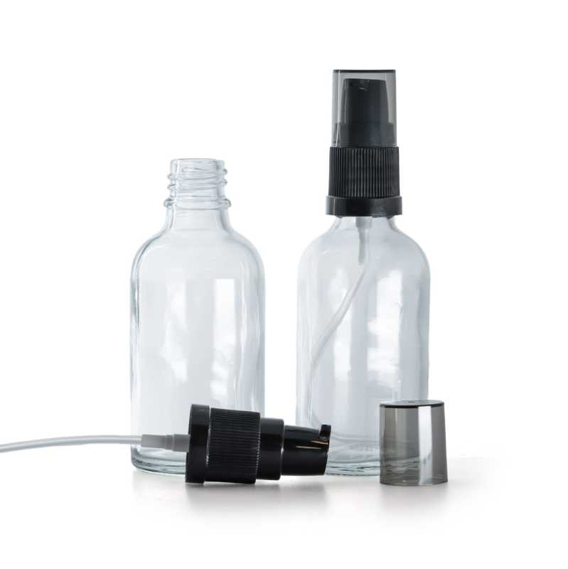 Clear Glass Bottle, Black Lotion Pump with Smoky Overcap, 30 ml