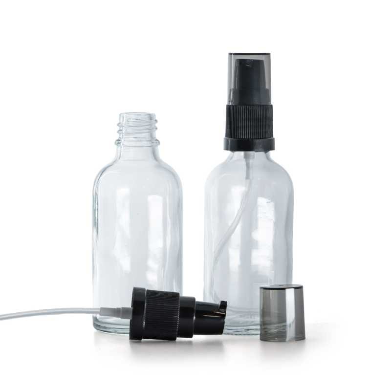 Clear Glass Bottle, Black Lotion Pump with Smoky Overcap, 50 ml