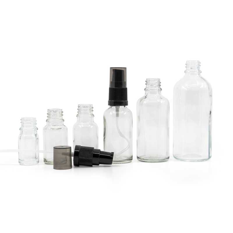 Clear Glass Bottle, Black Lotion Pump with Smokey Overcap, 30 ml