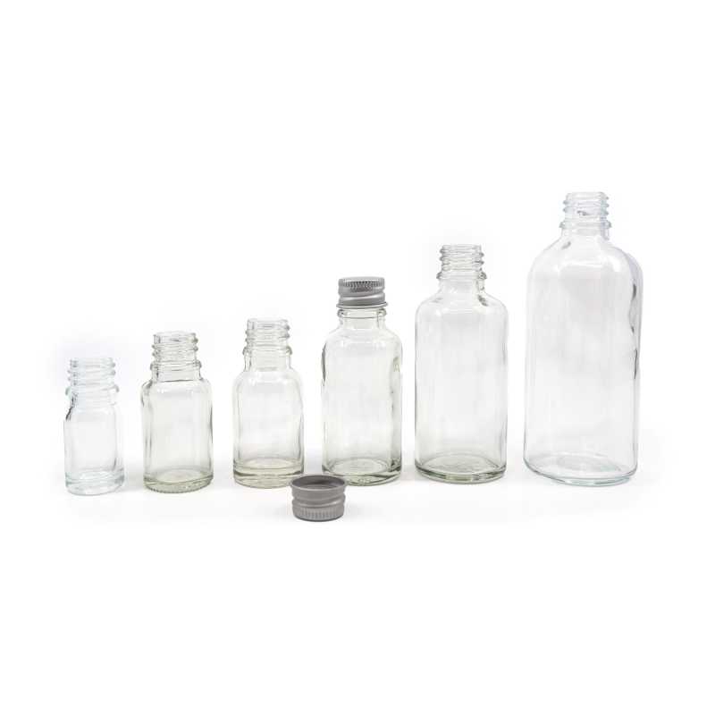 The glass bottle, the so-called vial, is made of thick transparent glass. It is used for storing liquids.Volume: 30 ml, total volume 35 mlBottle height: 78,8 mm