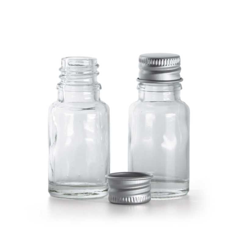 Clear Glass Bottle, Silver Aluminium Cap, 10 ml
