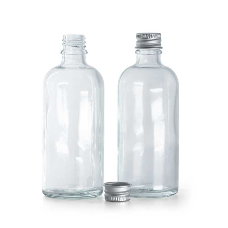 Clear Glass Bottle, Silver Aluminium Cap, 100 ml