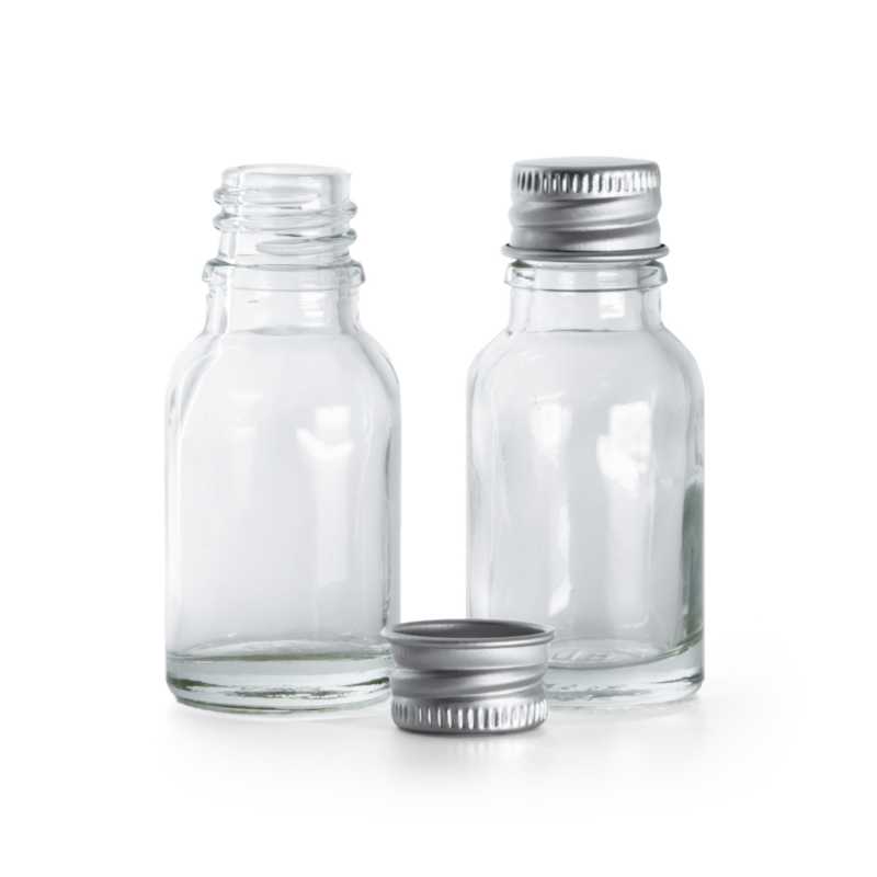 Clear Glass Bottle, Silver Aluminium Cap, 15 ml