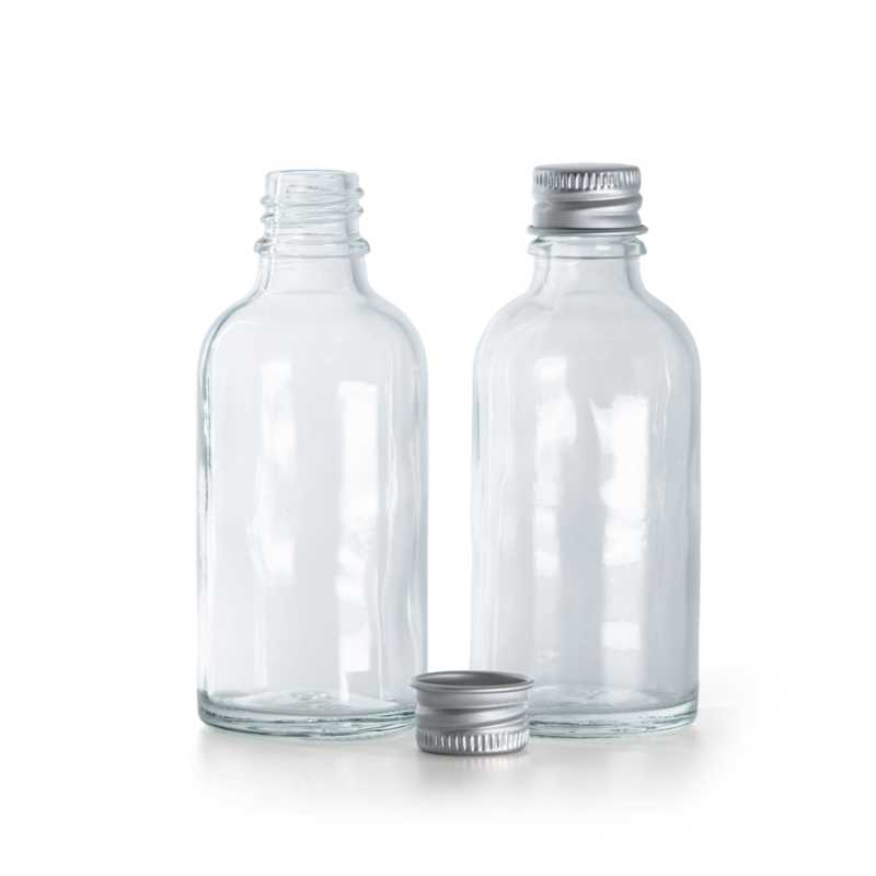 Clear Glass Bottle, Silver Aluminium Cap, 30 ml
