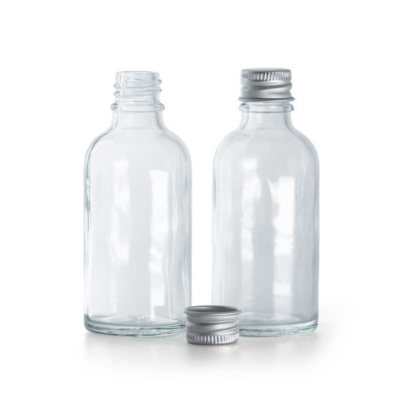 Clear Glass Bottle, Silver Aluminium Cap, 50 ml