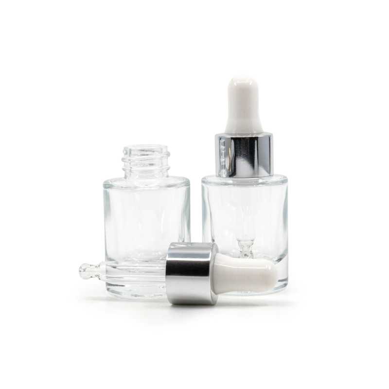 Clear Glass Bottle, Thick Bottom, White Silver Dropper, 10 ml