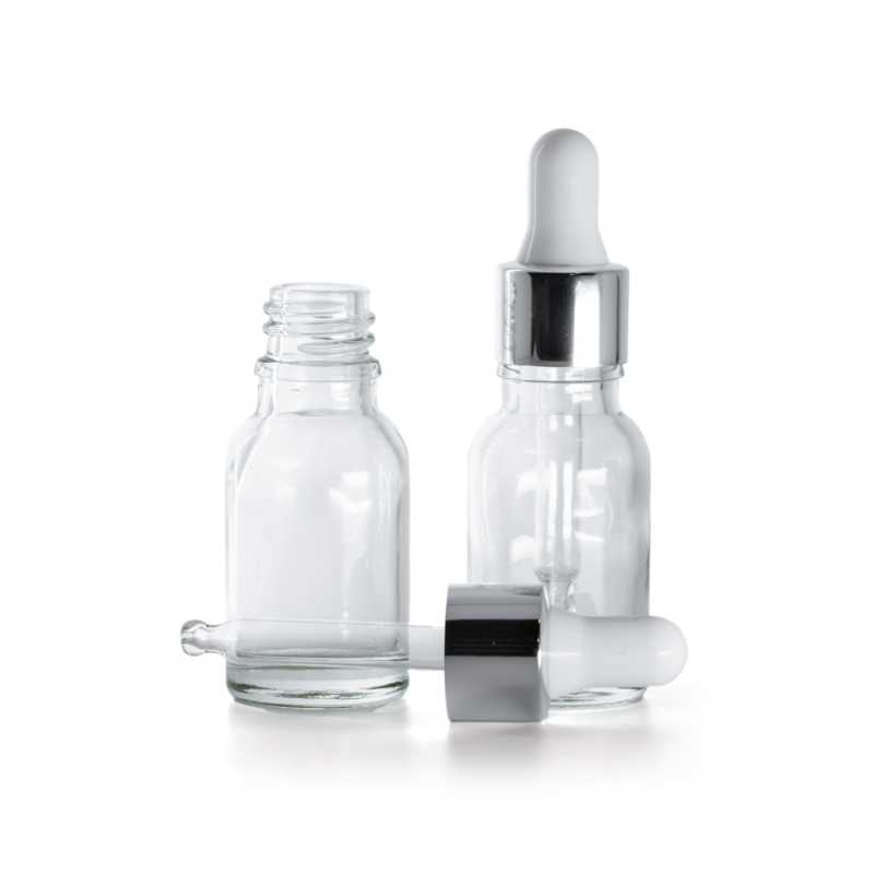 Clear Glass Bottle, Glossy Silver Dropper, 15 ml