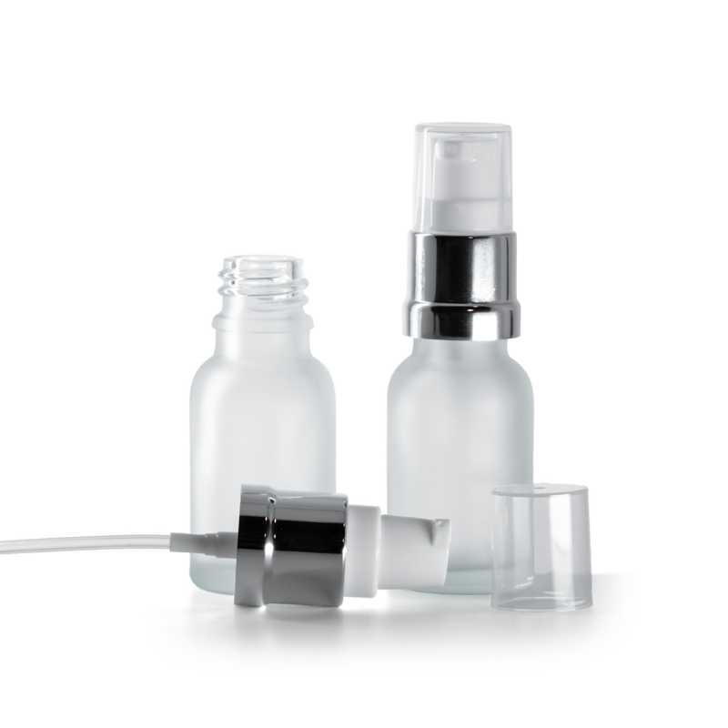 Clear Frosted Glass Bottle, Glossy Silver White Pump, 15 ml