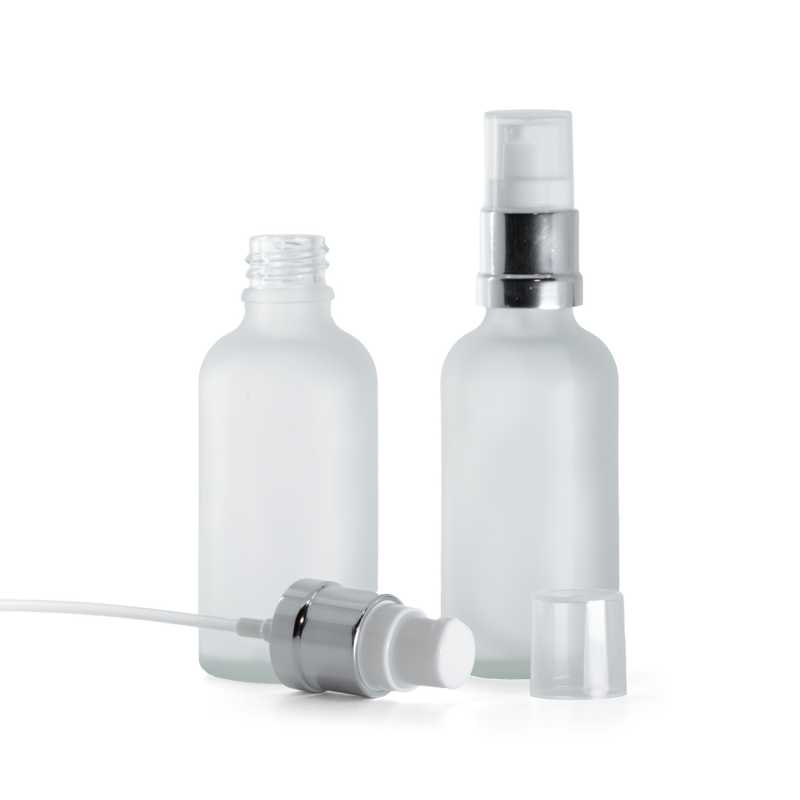 Clear Frosted Glass Bottle, Glossy Silver White Pump, 50 ml