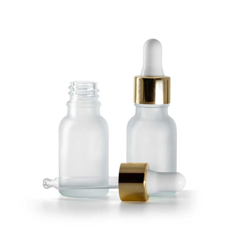 Clear Frosted Glass Bottle, Gold White Dropper, 15 ml