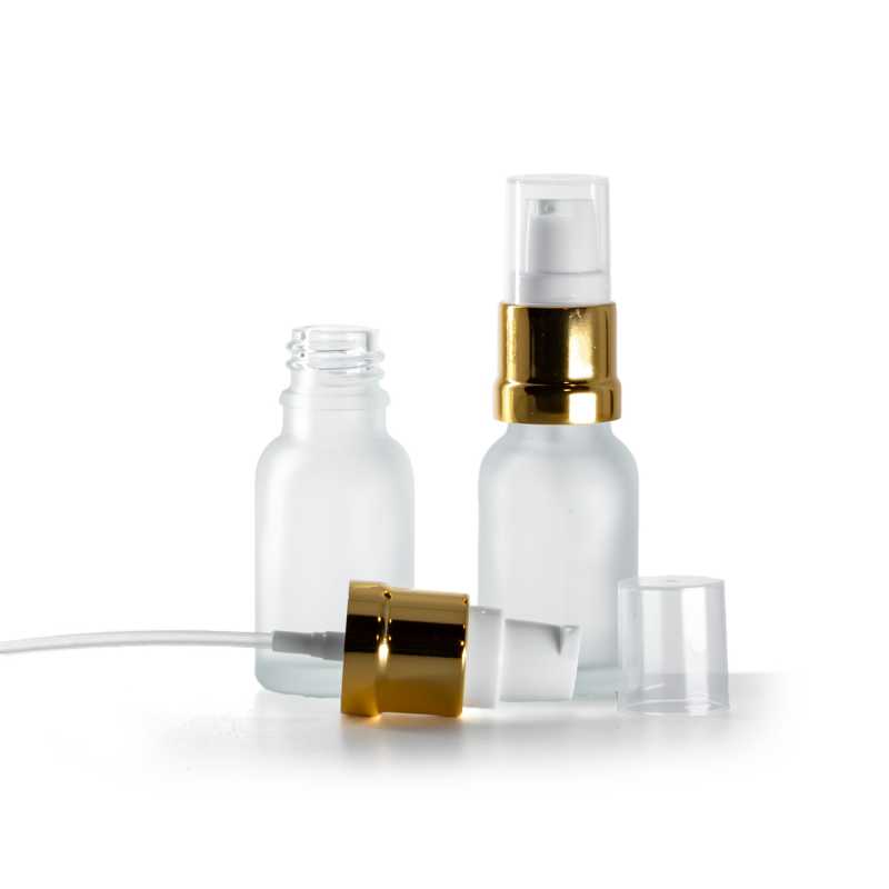 Clear Frosted Glass Bottle, Glossy Golden White Pump, 15 ml
