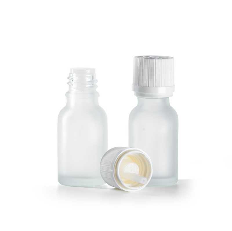 Clear Frosted Glass Bottle, White Tamper Evident Safety Cap & Dropper, 15 ml