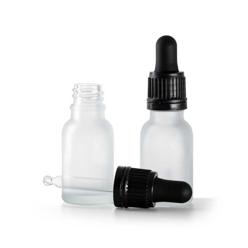 Clear Frosted Glass Bottle, Black Tamper Evident Dropper, 15 ml