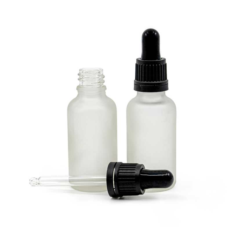 Clear Frosted Glass Bottle, Black Tamper Evident Dropper, 30 ml