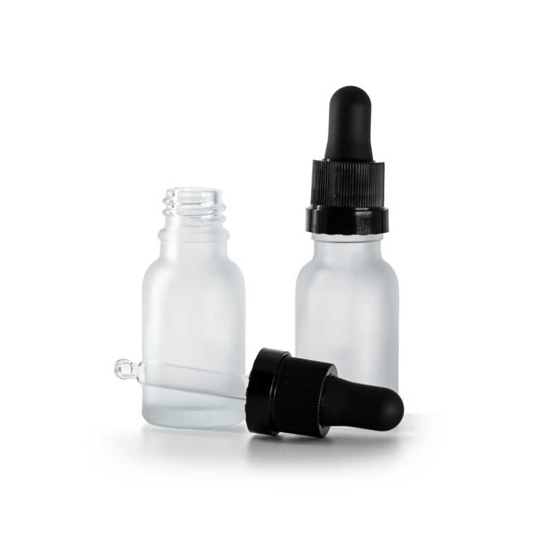Clear Frosted Glass Bottle, Matte Black Dropper With Shiny Strip, 15 ml