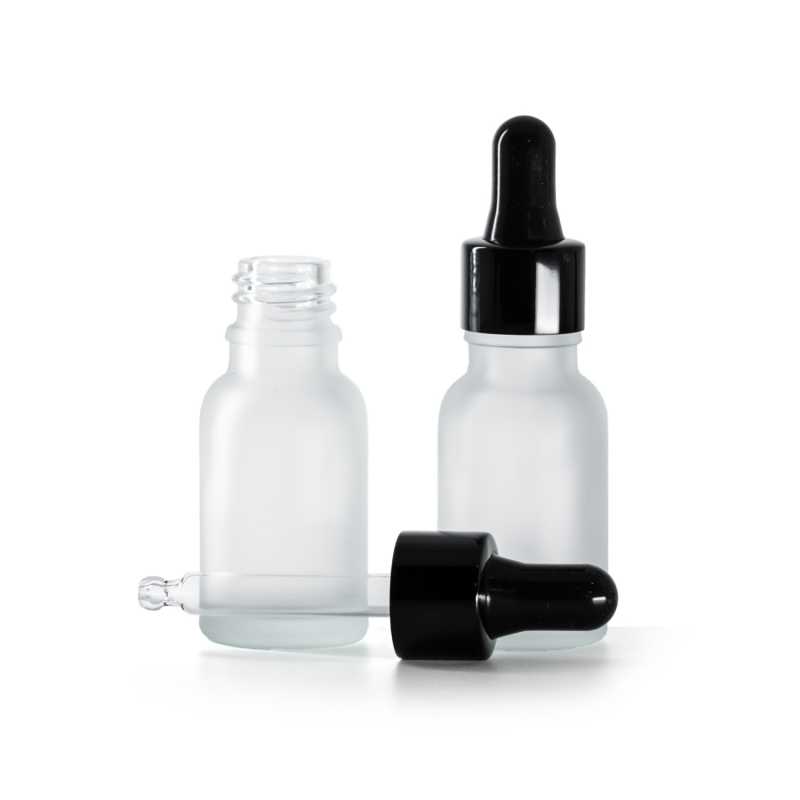 Clear Frosted Glass Bottle, Glossy Black Dropper, 15 ml