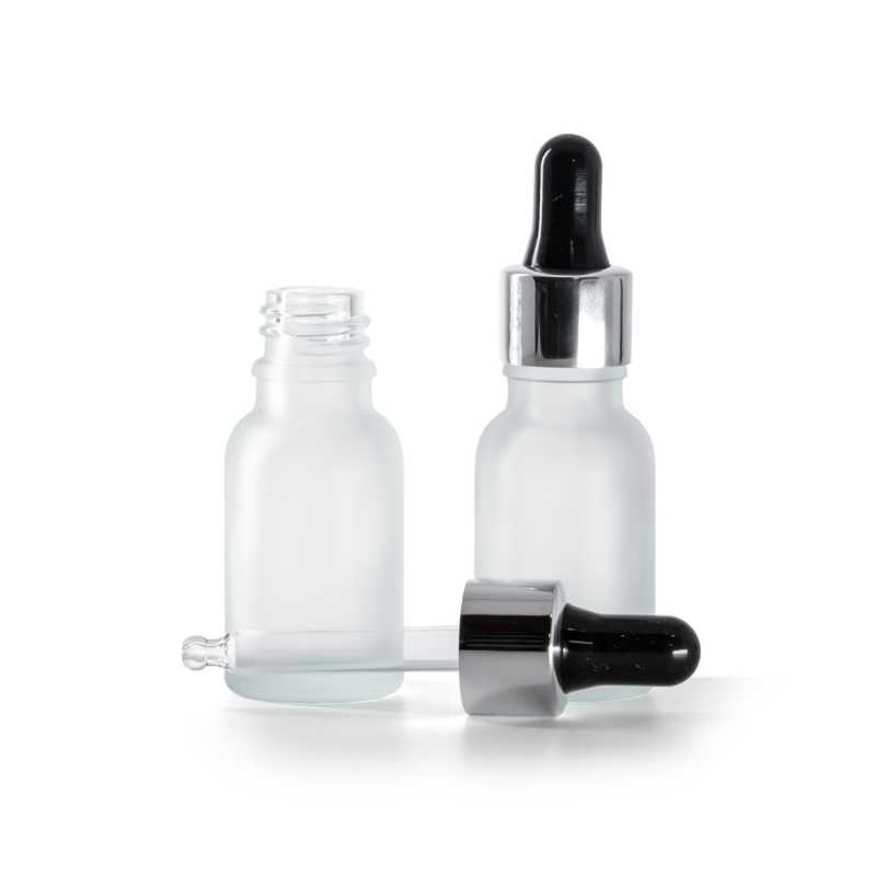 Clear Frosted Glass Bottle, Silver Black Dropper, 15 ml